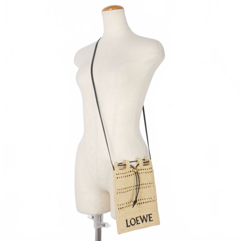 Loewe Draw String Pocket Shoulder Bag Raffia Anagram Crossbody Beige 262507