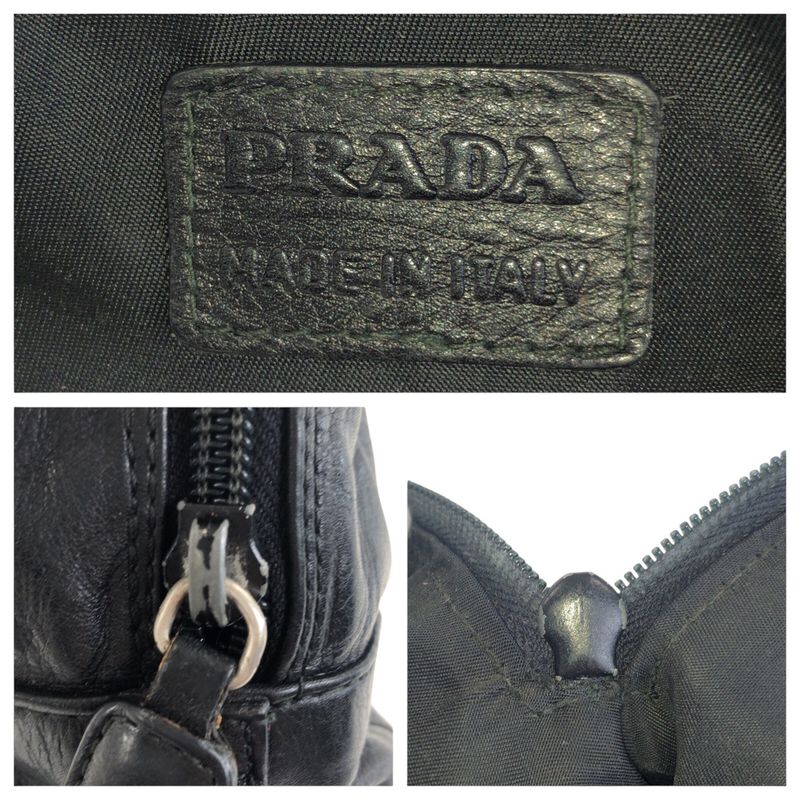 Prada Triangle Logo Plate Black Silver Hardware Leather Pouch Makeup Pouch