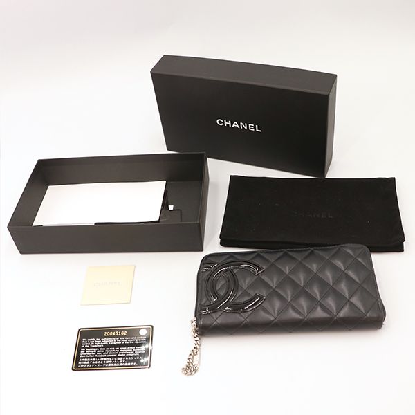 Chanel Black Pink Quilted Cambon Coco Mark Round Zipper Long Wallet Ladies