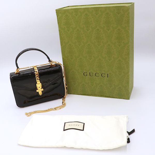 Excellent Condition" Gucci Black Patent Leather Sylvie 2way Handbag 589479