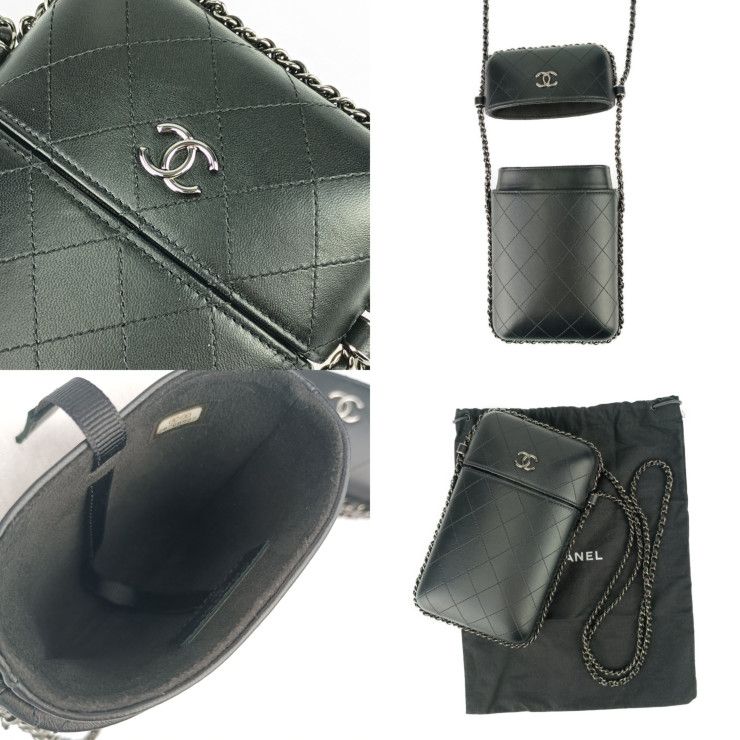 Chanel Shoulder Bag Chain Phone Holder A94471 Black Silver Hardware Lambskin