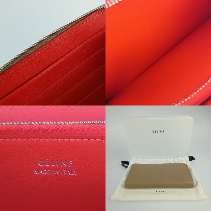 Celine Large Zipped Wallet - Beige Orange Red Silver Hardware Leather Women's