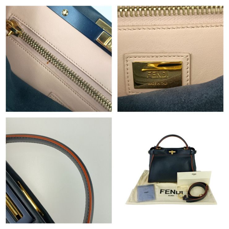 Fendi Handbag Peekaboo Regular Selleria 8bn290 Navy Orange Leather Women's Gold