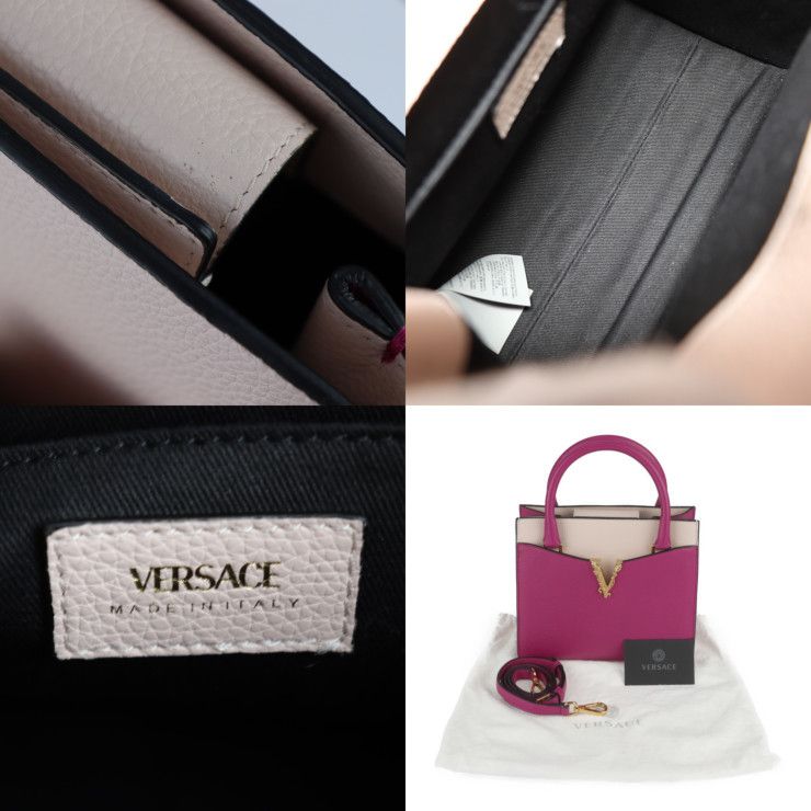 Versace Handbag 1005960 Leather Magenta Pink Beige Gold Hardware Virtus 2WAY
