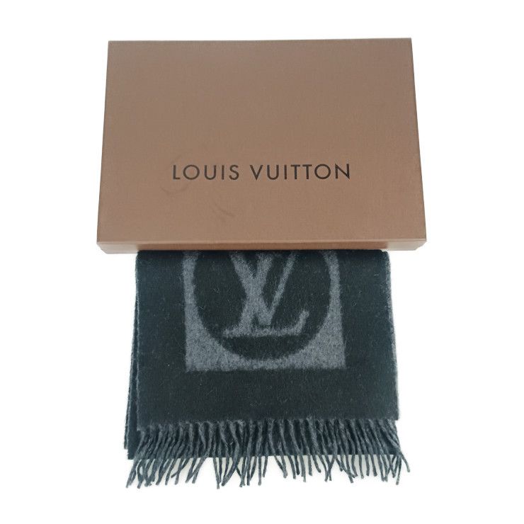 Louis Vuitton Scarf Echarpe Cardiff M72202 Black Gray 75% Wool 75% Angora 25%
