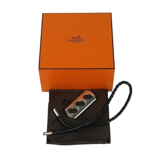 Hermes Key Holder Charm Black Silver Leather AG 925 Unisex Braided