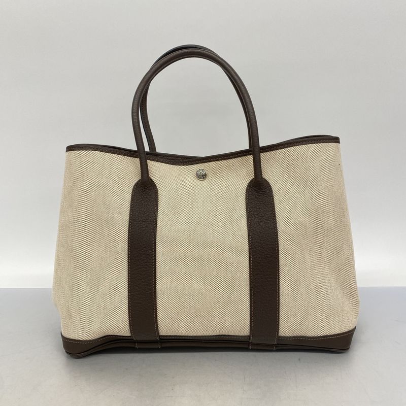 Hermes Tote Bag Garden Party PM Toile Ash Brown Beige Silver Hardware □P