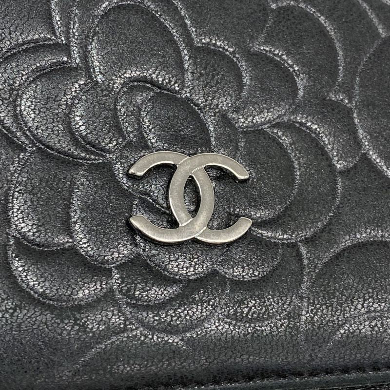 Chanel Long Wallet Camellia Lambskin Black Silver Hardware Women