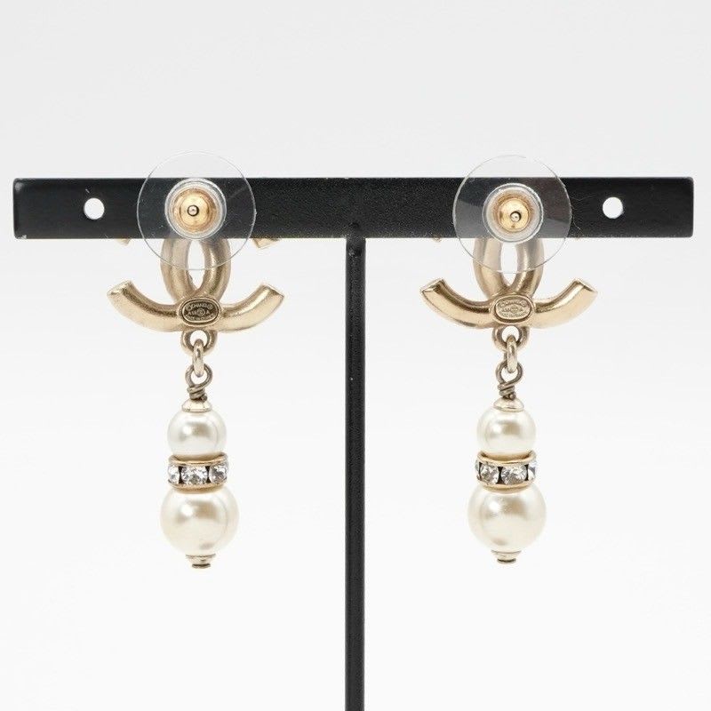 Chanel Earrings Gold Coco Mark Rhinestone