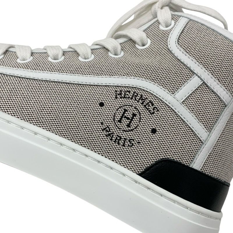 Hermes Get Up Sneakers Shoes Canvas Leather Beige White High Cut