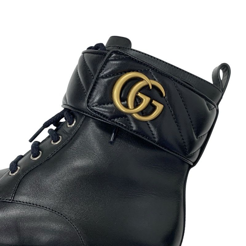 Gucci Double G Boots Short Shoes Leather Black Gold Quilted GG Marmont