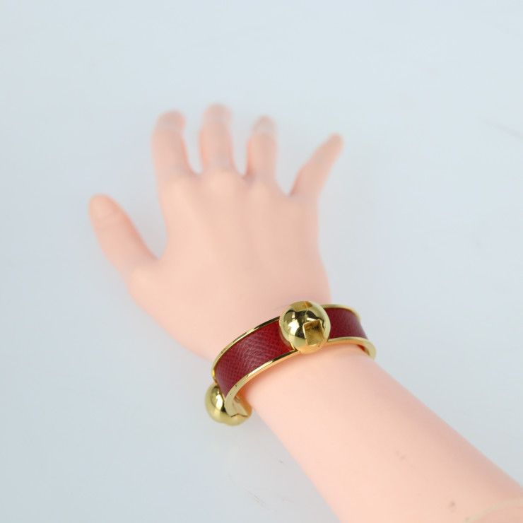 Hermes Bangle - Metal Leather Gold Red Accessories Cbangle Cuff Bracelet