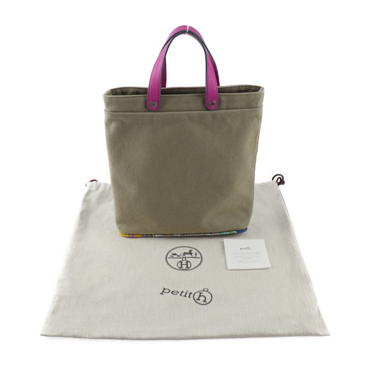 Hermes Tote Bag - Cotton Canvas Leather Silk Khaki Pink Purple Petit H Petit