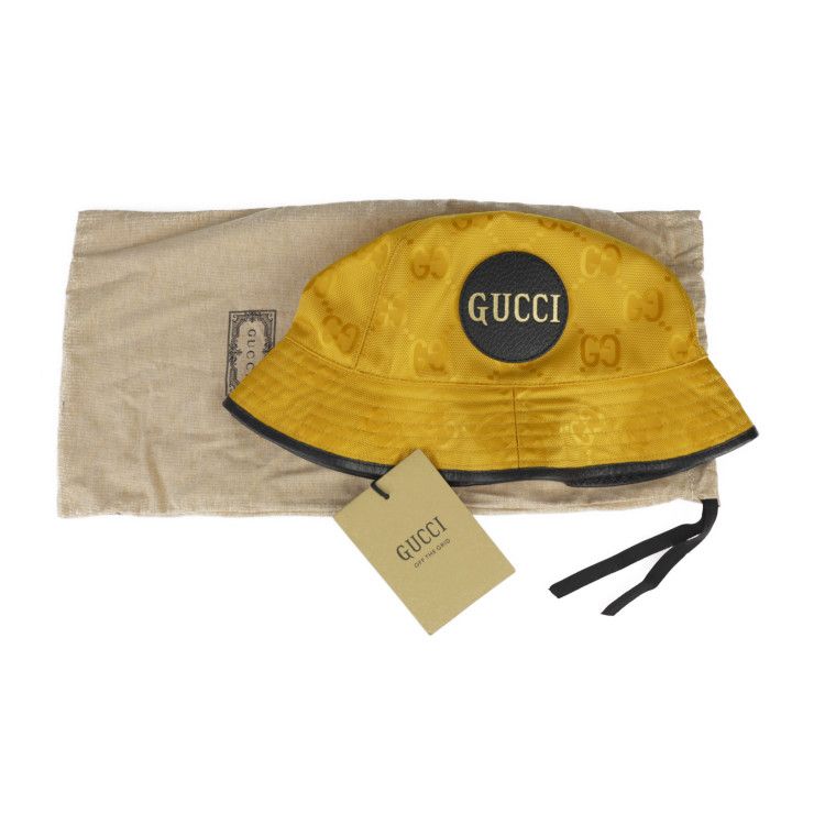 Gucci Bucket Hat 627115 GG Nylon X Leather Yellow Black Off The Grid Hat