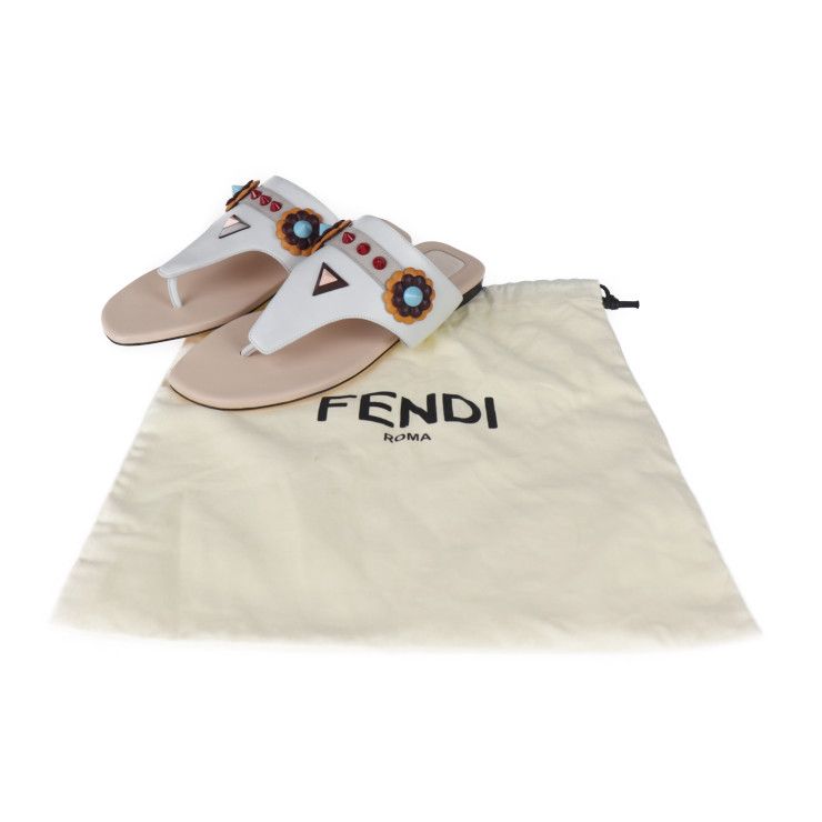Fendi Thong Sandals - Leather White Multicolor Flat Studded Reference Size 22cm
