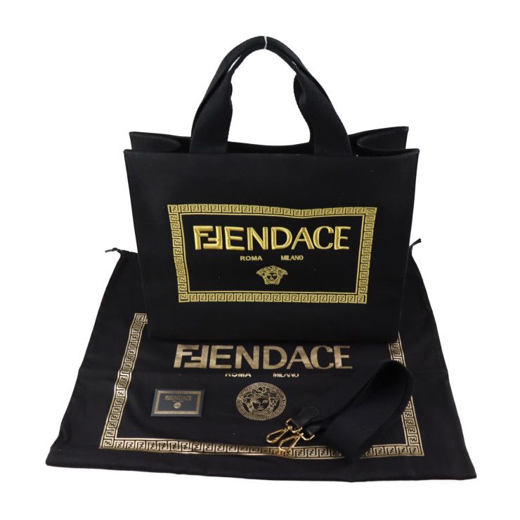 Fendi Tote Bag 7va558 Canvas Black Gold Fendace Versace Collaboration 2WAY