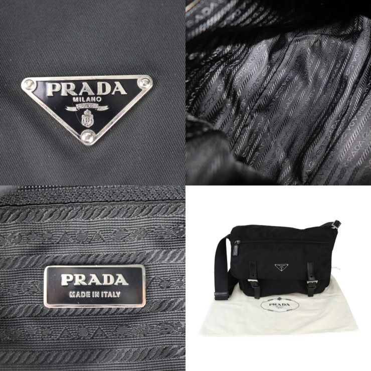 Prada Messenger Bag Shoulder Bag 1bd671 Nylon Leather Black Silver Hardware