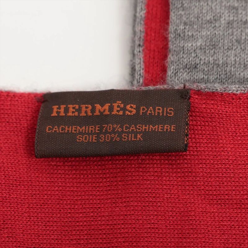Hermes Tagged H Logo Scarf Cassisil Cashmere Silk Gray Red Men's Women's MCM