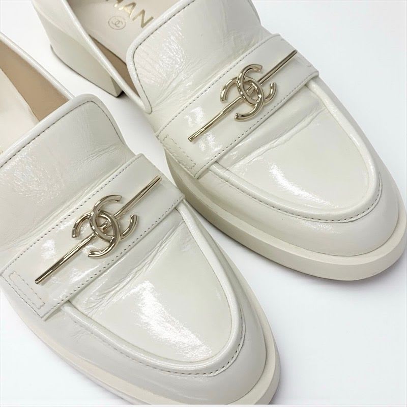 Chanel Loafer Leather Shoes White Gold Coco Mark