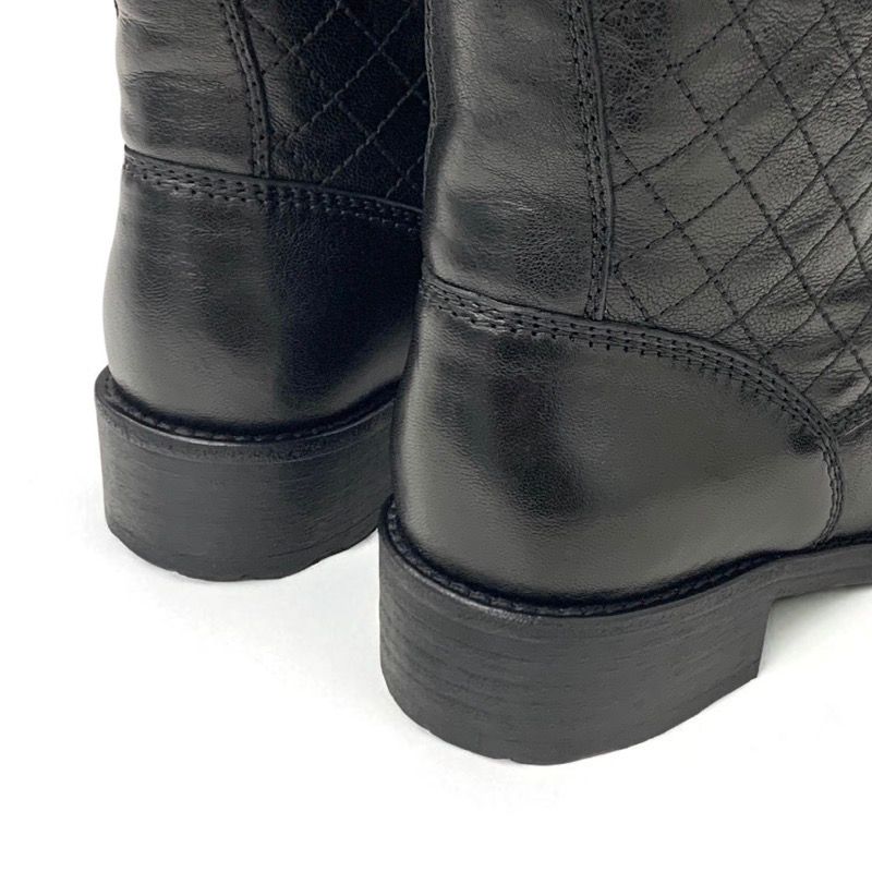Chanel Boots Short Boots Shoes Leather Black Coco Mark Matelasse Logo Lace-up