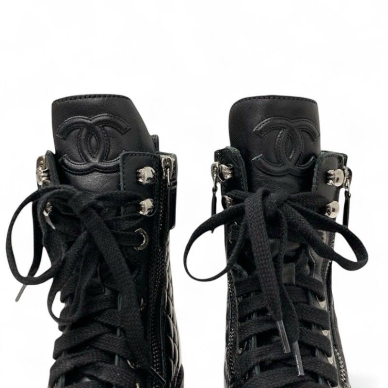 Chanel Boots Short Shoes Leather Black Quilted Lace Up Coco Mark