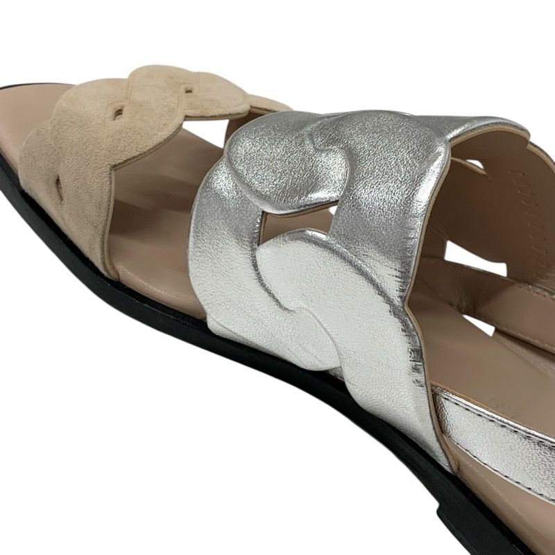 Hermes Grace Sandals Shoes Leather Suede Silver Beige Strap Flat