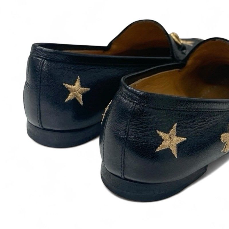 Gucci Loafer Leather Shoes Black Gold Horsebit Star Bee Embroidery Flat