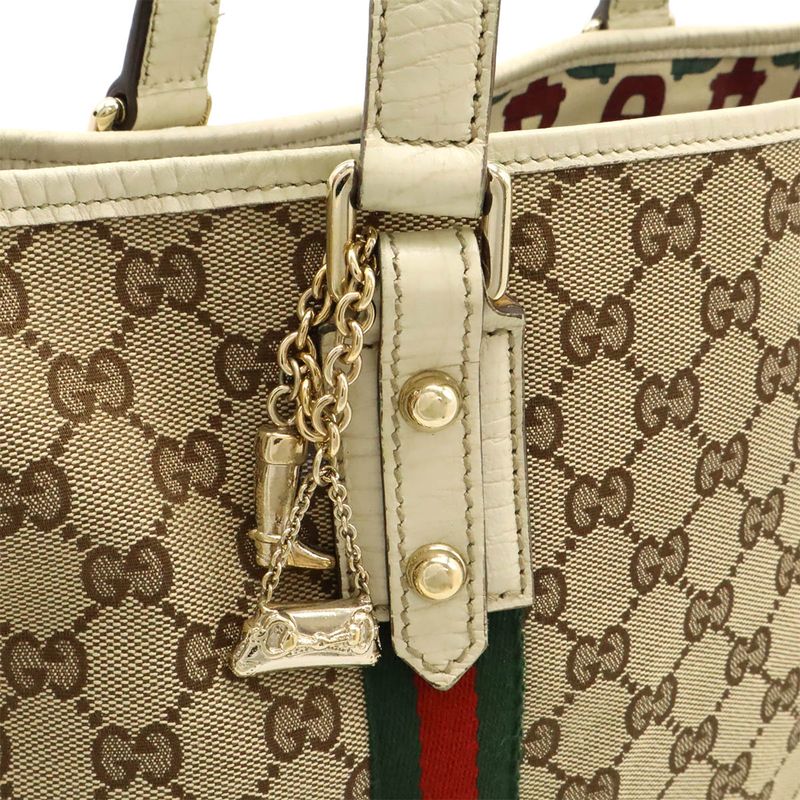 Gucci GG Canvas Sherry Line Tote Bag Shoulder Bag Leather Beige Ivory With