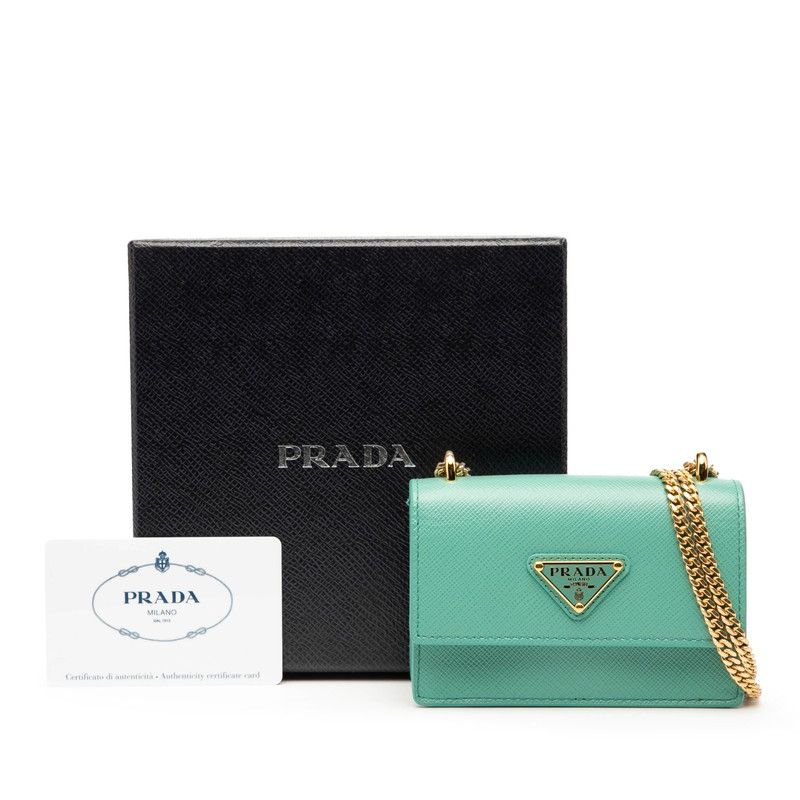Prada Triangle Logo Plate Chain Mini Shoulder Pouch Shoulder Bag 1mr017 Green