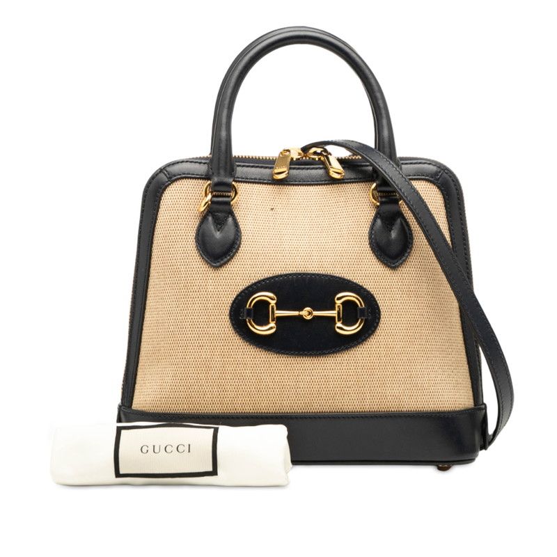 Gucci Horsebit 1955 Handbag Shoulder Bag 2WAY 621220 Beige Navy Canvas Leather