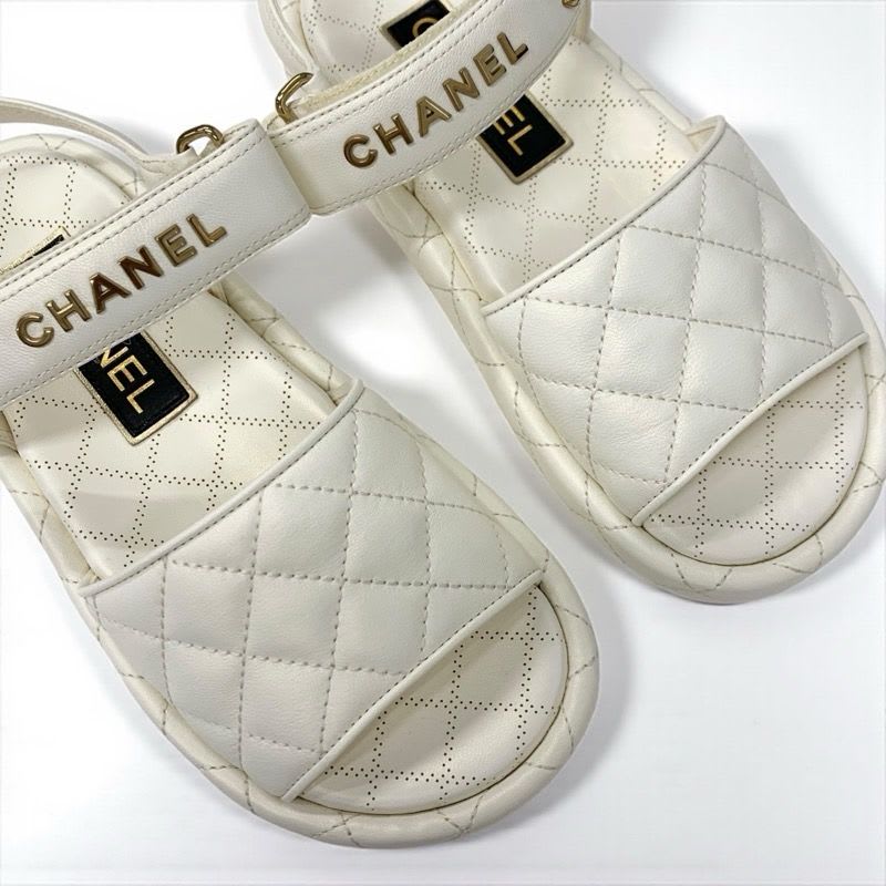 Chanel Chanel Sandals Shoes Leather White Gold Quilted Coco Mark Logo Velcro