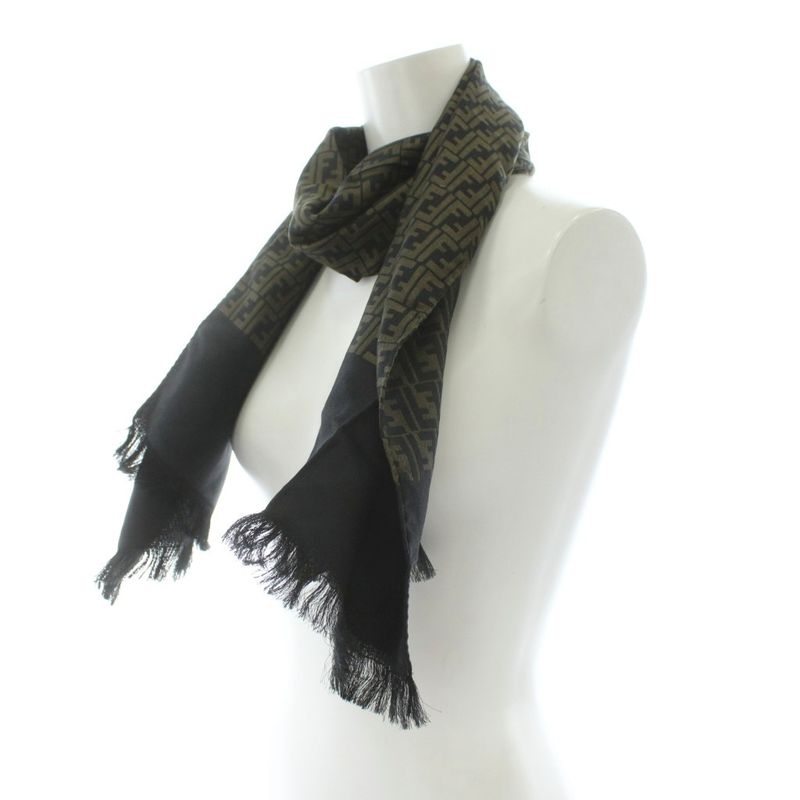 Fendi Cravatte Shawl Scarf Fringe Zucca Pattern Logo Silk Khaki Black KU - OH