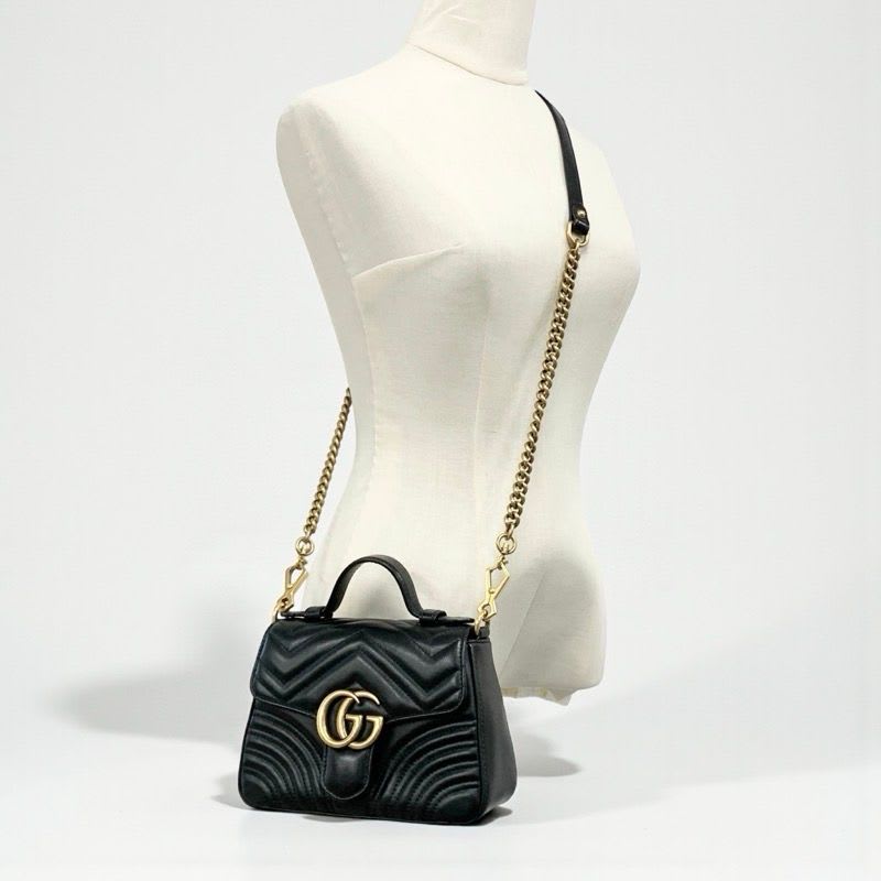 Gucci Bag Shoulder Black Gold GG Marmont Mini Top Handle 2-Way Handbag