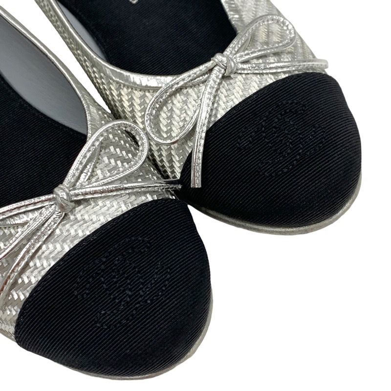 Chanel Flat Shoes Leather Fabric Silver Black Ballet Shoes Coco Mark Ribbon
