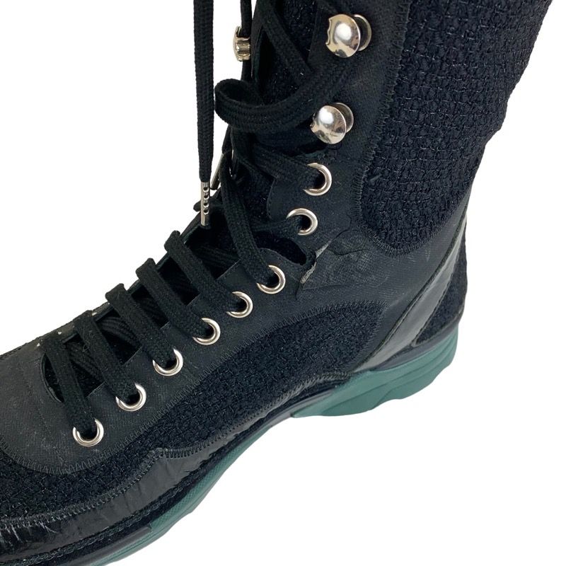 Chanel Boots Long Shoes Tweed Leather Black Lace Up Coco Mark Lame