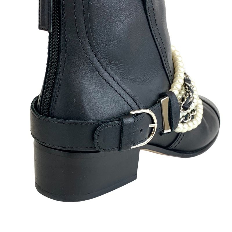 Chanel Boots Short Boots Shoes Leather Black Coco Mark Pearl Chain Belt
