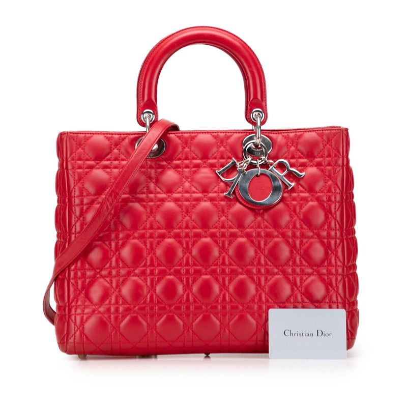 Dior Canage Lady Dior Large Handbag Shoulder Bag 2way Red Silver Lambskin Women