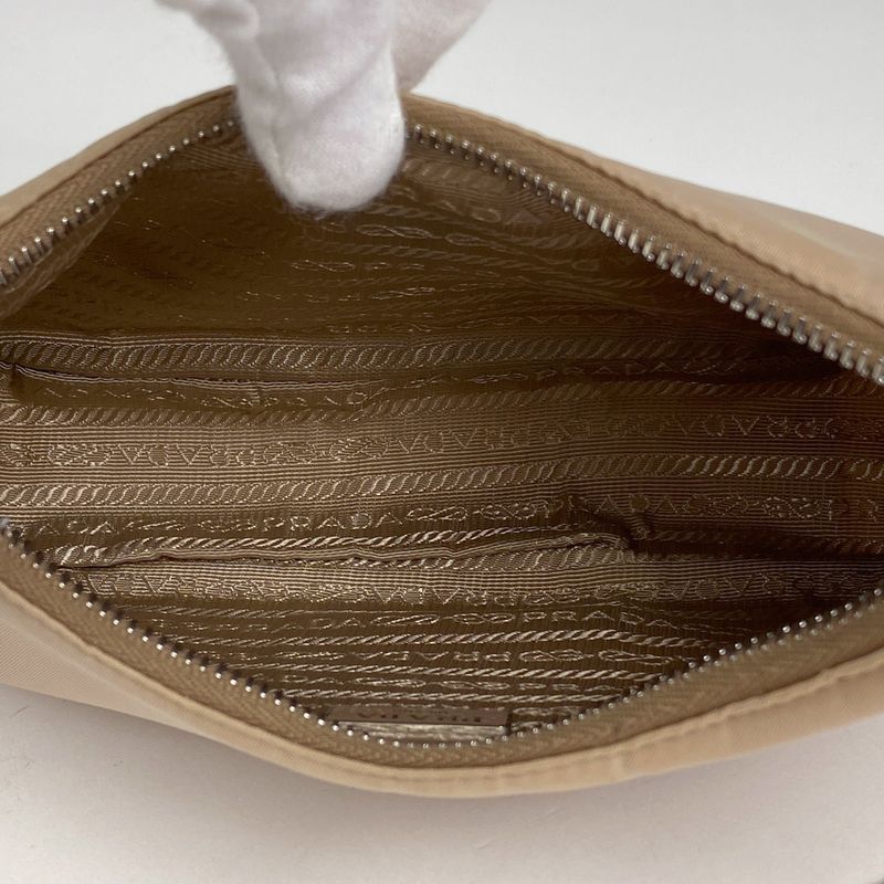 Prada Logo Plate Handbag Nylon Beige Women