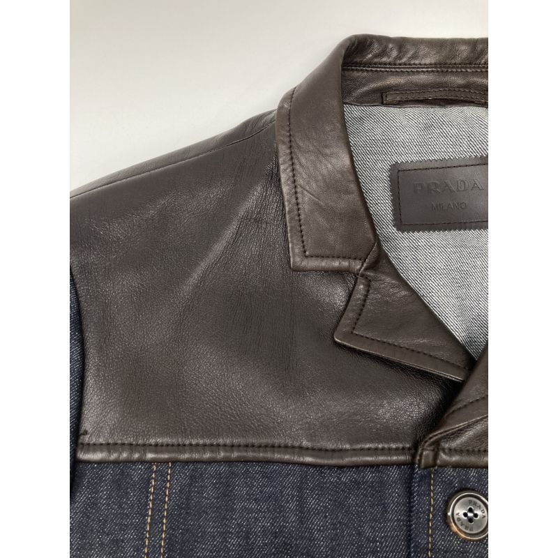 Prada Indigo Gebx81 Leather Cut Replacement Denim Jacket 48