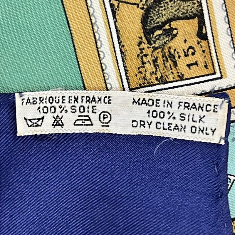 Hermes Carré 90 Like Scarf Navy Yellow and Multi Correspondance Stamps Silk