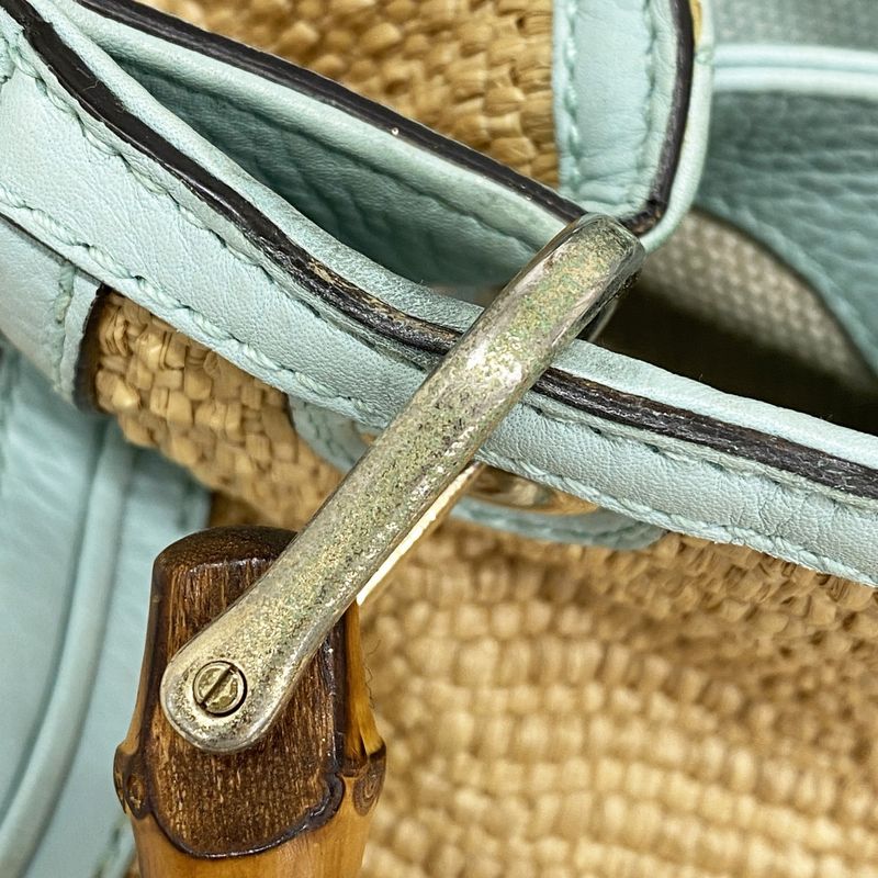 Gucci Handbag Bamboo 336032 Straw Beige Blue Chien Pan Gold Hardware 2way Bag