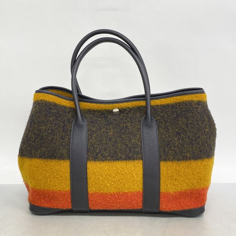 Hermes Tote Bag Garden Party Lo Cabas Hall PM Wool Yellow Orange Navy Silver