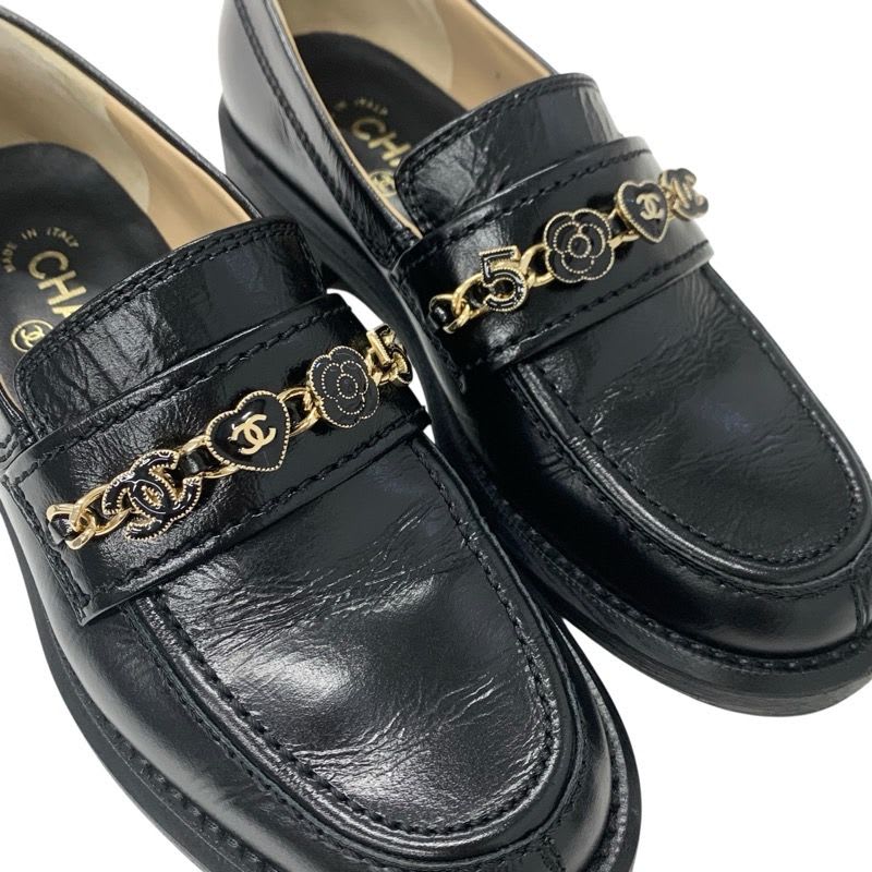 Chanel Loafer Leather Shoes Black Gold Coco Mark Chain Icon