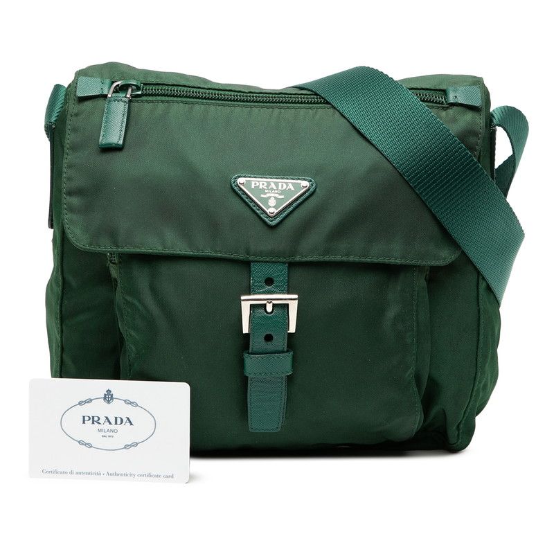 Prada Triangle Logo Plate Crossbody Shoulder Bag Bt8994 Green Nylon Leather