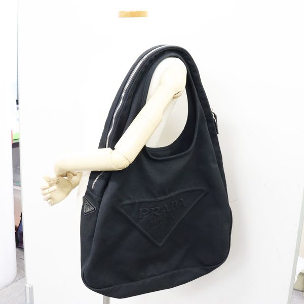 Prada Canvas Hobo Bag Shoulder Black 2 Vy005 Embossed Logo