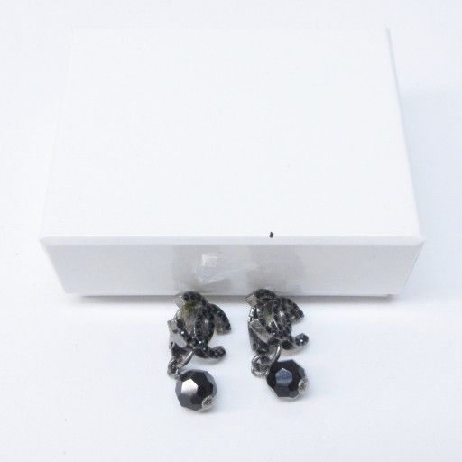 Chanel 04A Coco Mark Black Stone Earrings With Swing Logo Design Silver Color