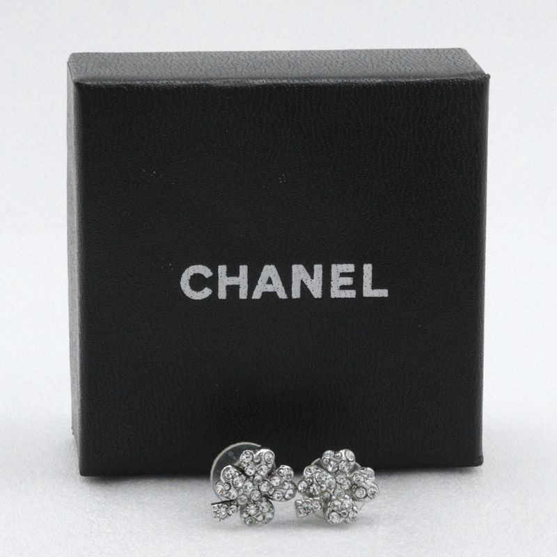 Chanel Clover Rhinestone X Metal Silver 03a Women's 3.6g Earrings