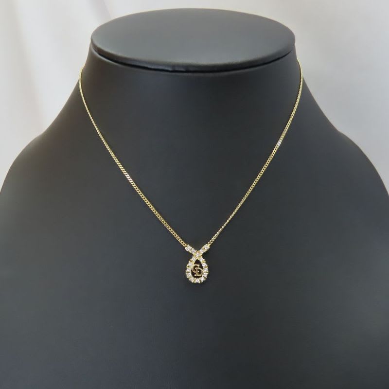 Christian Dior Necklace CD Logo Metal Rhinestone Gold Plated GP Accessories