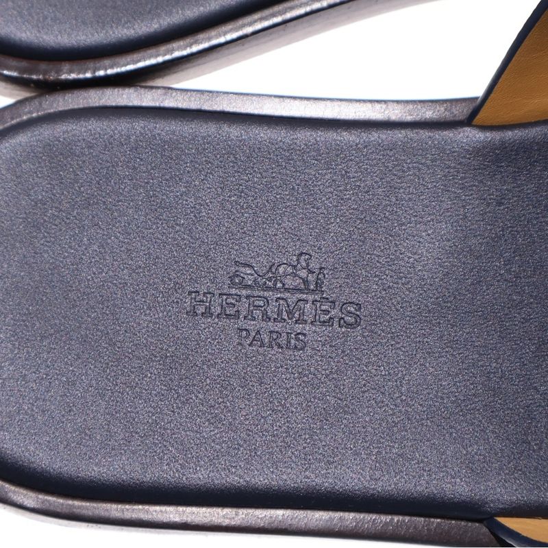 Hermes Izmir H logo Leather Flat Sandals Shoes Navy