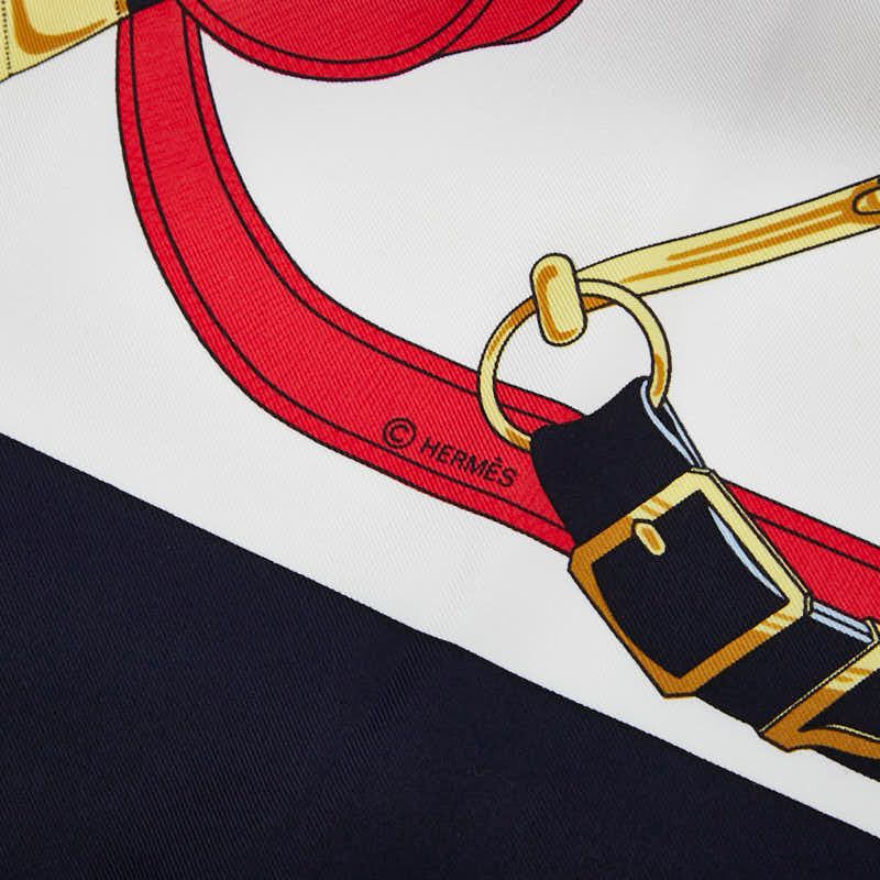 Hermes Carre 90 Eperon D'or Golden Spurs White Navy Multicolor Silk Ladies